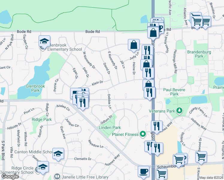 map of restaurants, bars, coffee shops, grocery stores, and more near 1319 Kevin Morris Court in Streamwood