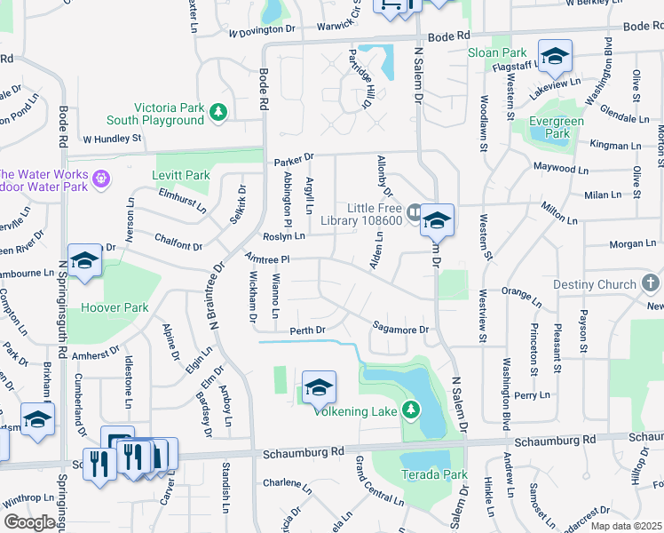 map of restaurants, bars, coffee shops, grocery stores, and more near 1015 Aimtree Place in Schaumburg