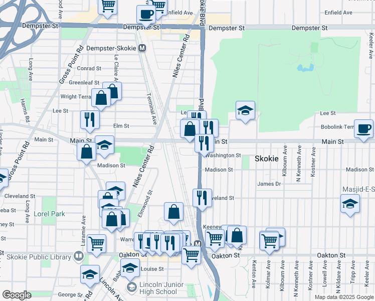 map of restaurants, bars, coffee shops, grocery stores, and more near 4820 Washington Street in Skokie
