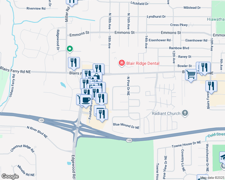 map of restaurants, bars, coffee shops, grocery stores, and more near 5222 Pine Grove Drive Northeast in Cedar Rapids
