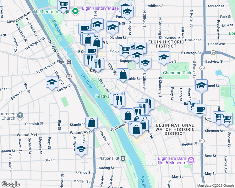 map of restaurants, bars, coffee shops, grocery stores, and more near 216 Festival Court in Elgin