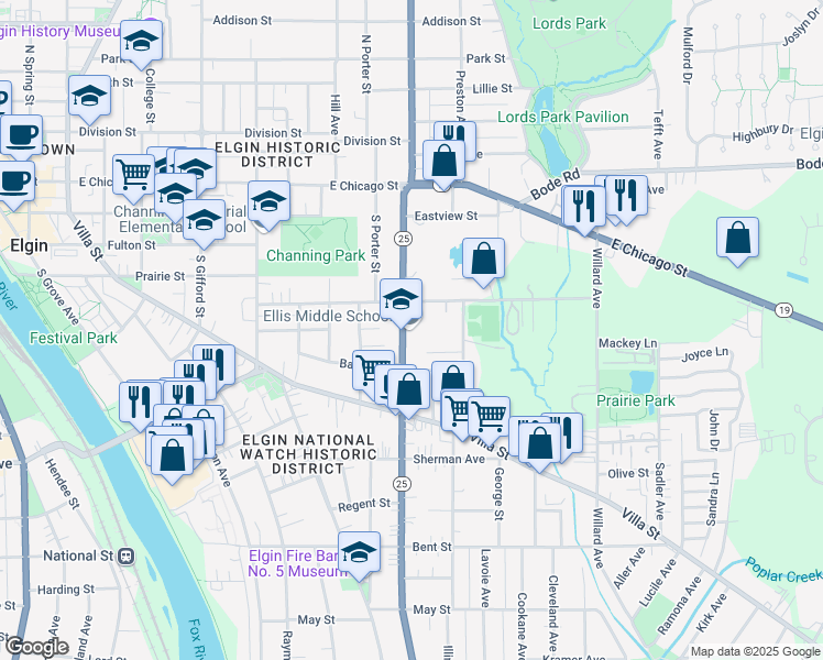 map of restaurants, bars, coffee shops, grocery stores, and more near 225 South Liberty Street in Elgin