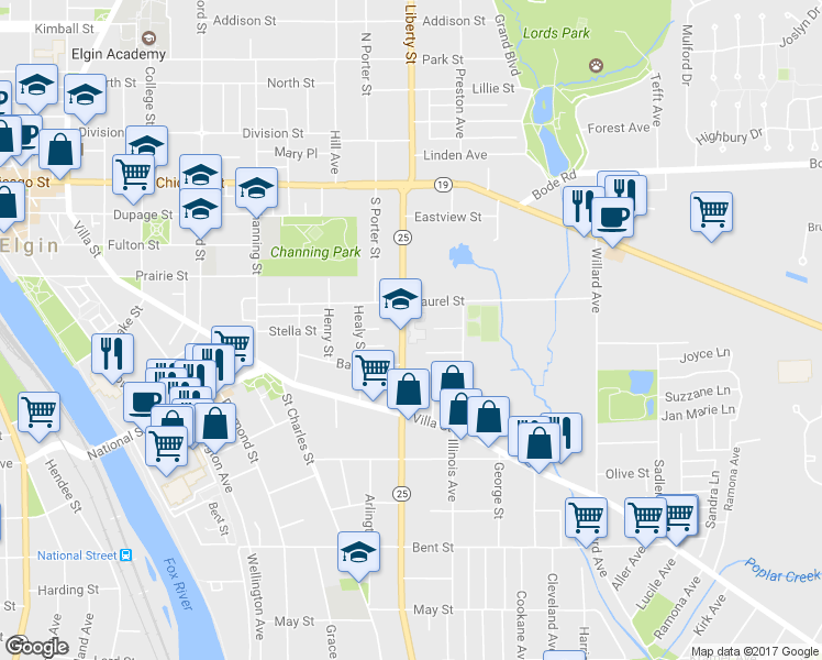 map of restaurants, bars, coffee shops, grocery stores, and more near 225 South Liberty Street in Elgin