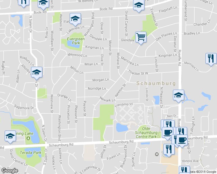 map of restaurants, bars, coffee shops, grocery stores, and more near 350 Illinois Boulevard in Hoffman Estates