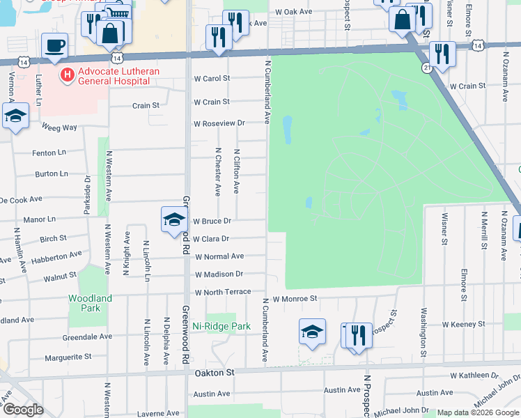 map of restaurants, bars, coffee shops, grocery stores, and more near 8419 North Cumberland Avenue in Niles