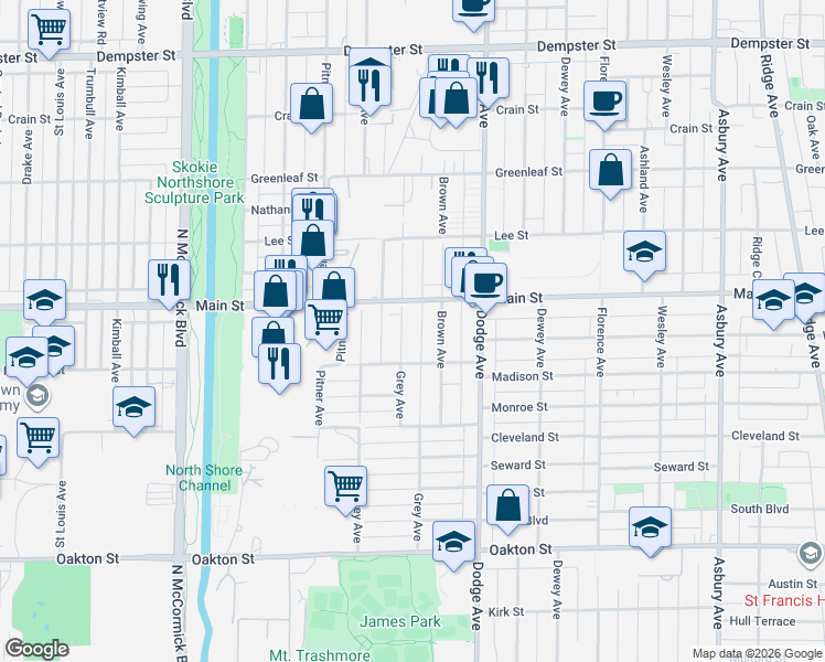 map of restaurants, bars, coffee shops, grocery stores, and more near 825 Grey Ave in Evanston