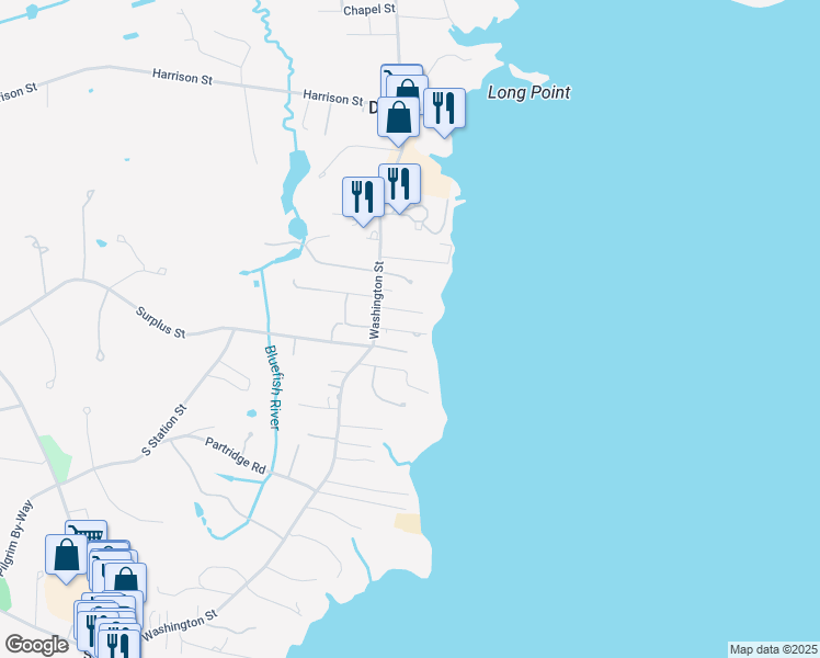 map of restaurants, bars, coffee shops, grocery stores, and more near 24 Water Street in Duxbury