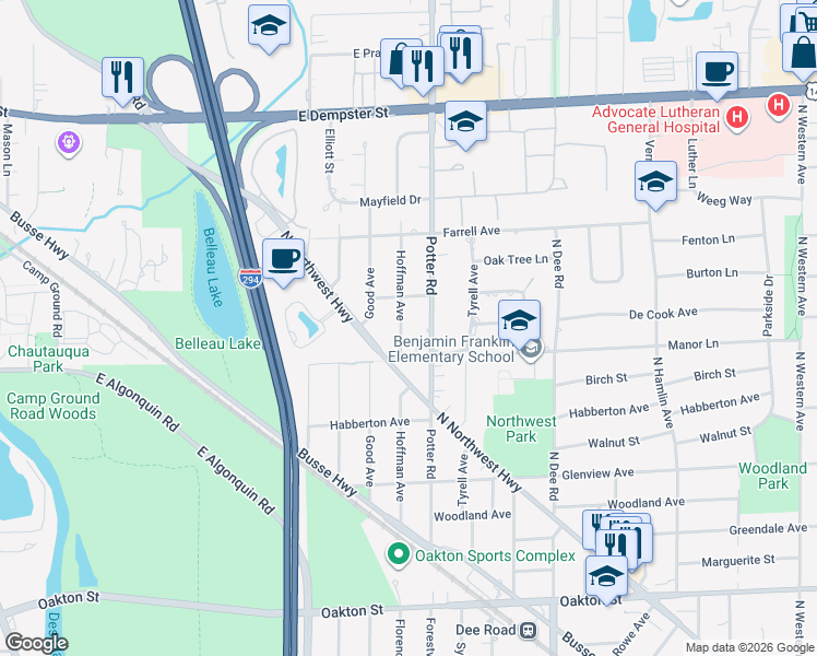map of restaurants, bars, coffee shops, grocery stores, and more near 1423 Hoffman Avenue in Park Ridge
