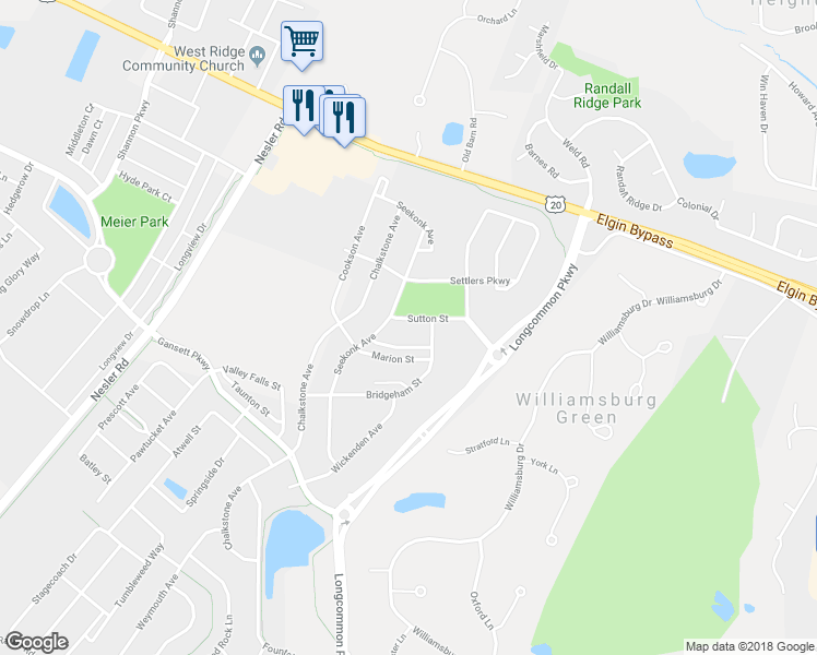 map of restaurants, bars, coffee shops, grocery stores, and more near 3049 Sutton Street in Elgin