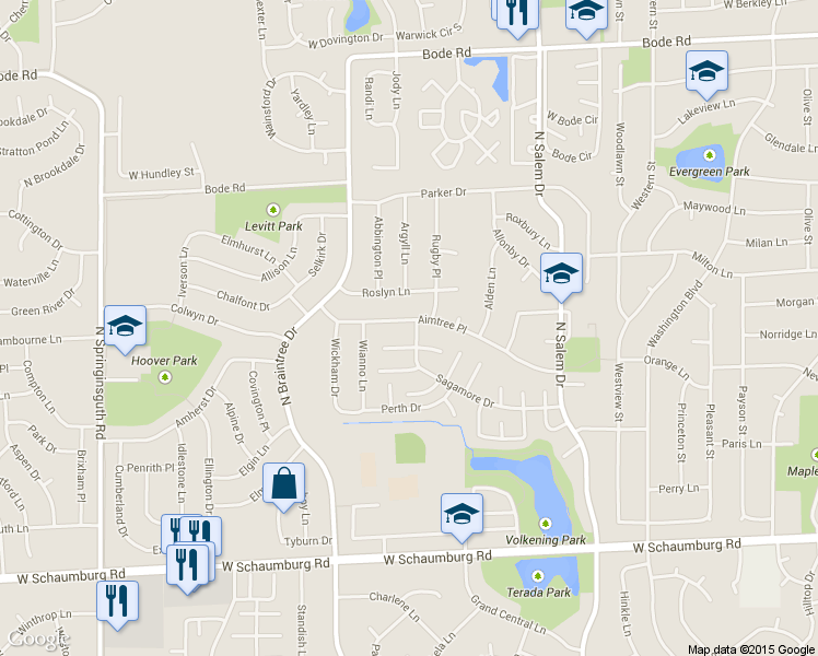 map of restaurants, bars, coffee shops, grocery stores, and more near 1103 Aimtree Place in Schaumburg