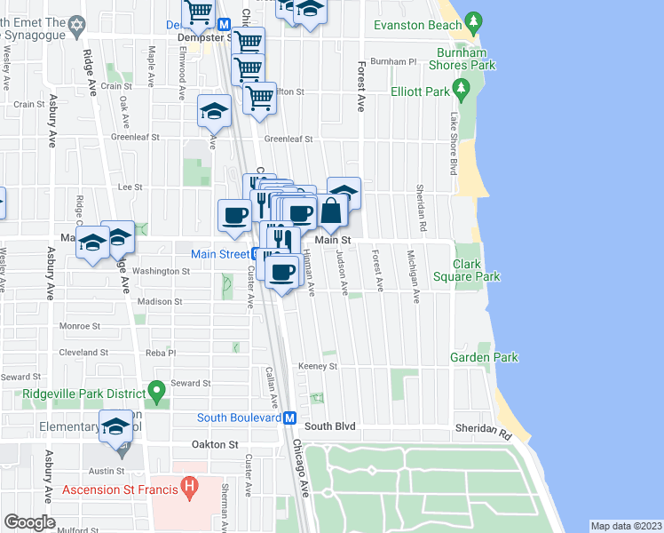 map of restaurants, bars, coffee shops, grocery stores, and more near 834 Judson Avenue in Evanston