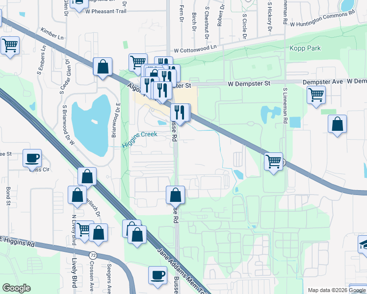 map of restaurants, bars, coffee shops, grocery stores, and more near 1697 West Imperial Court in Mount Prospect