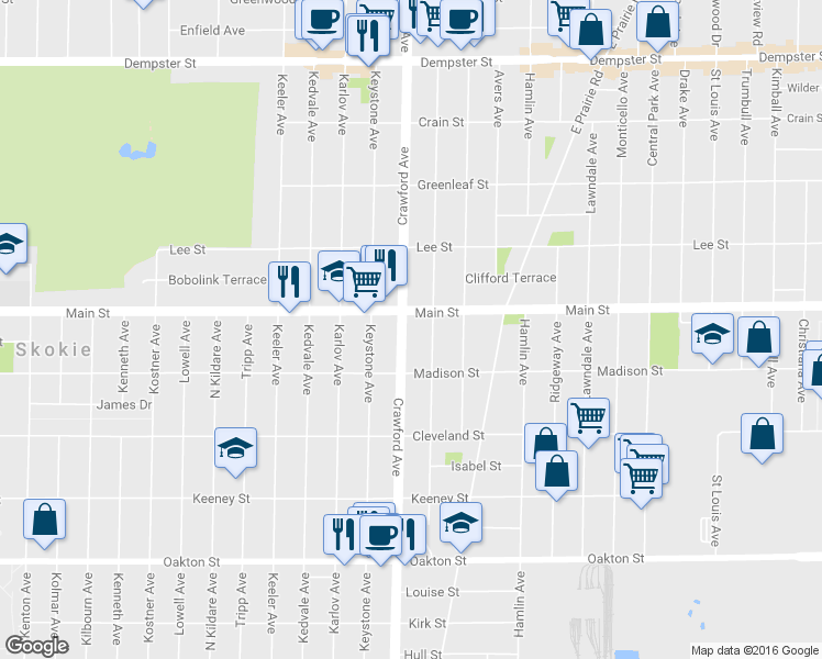 map of restaurants, bars, coffee shops, grocery stores, and more near 8343 Crawford Avenue in Skokie