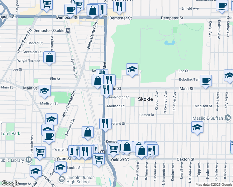 map of restaurants, bars, coffee shops, grocery stores, and more near 4716D Washington St in Skokie