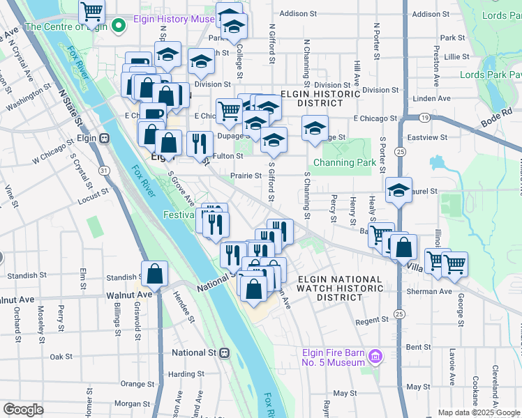 map of restaurants, bars, coffee shops, grocery stores, and more near 238 Villa Street in Elgin