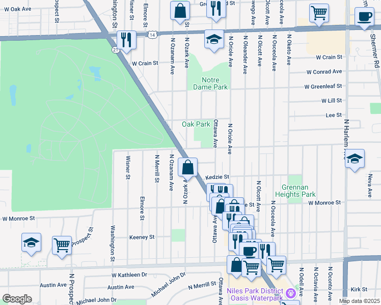 map of restaurants, bars, coffee shops, grocery stores, and more near 7707 West Main Street in Niles