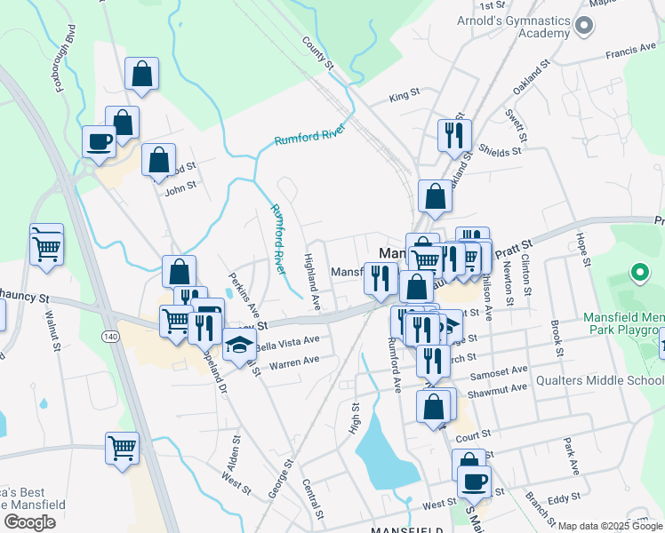 map of restaurants, bars, coffee shops, grocery stores, and more near 43 Draper Avenue in Mansfield
