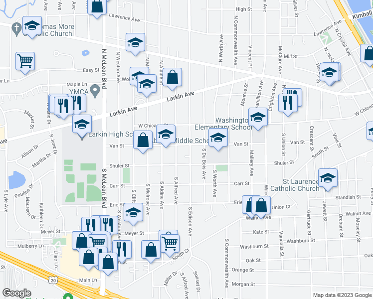 map of restaurants, bars, coffee shops, grocery stores, and more near 56 South Edison Avenue in Elgin