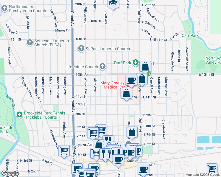map of restaurants, bars, coffee shops, grocery stores, and more near 318 12th Street in Ames