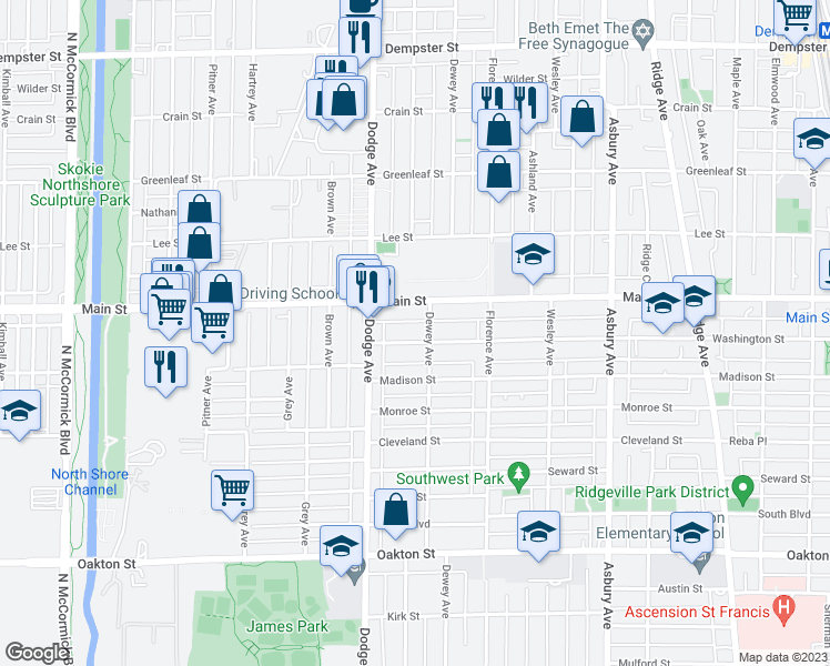 map of restaurants, bars, coffee shops, grocery stores, and more near 1729 Washington Street in Evanston