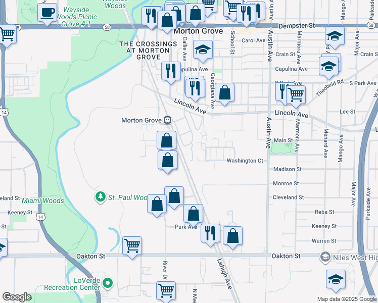 map of restaurants, bars, coffee shops, grocery stores, and more near 8302 Callie Avenue in Morton Grove