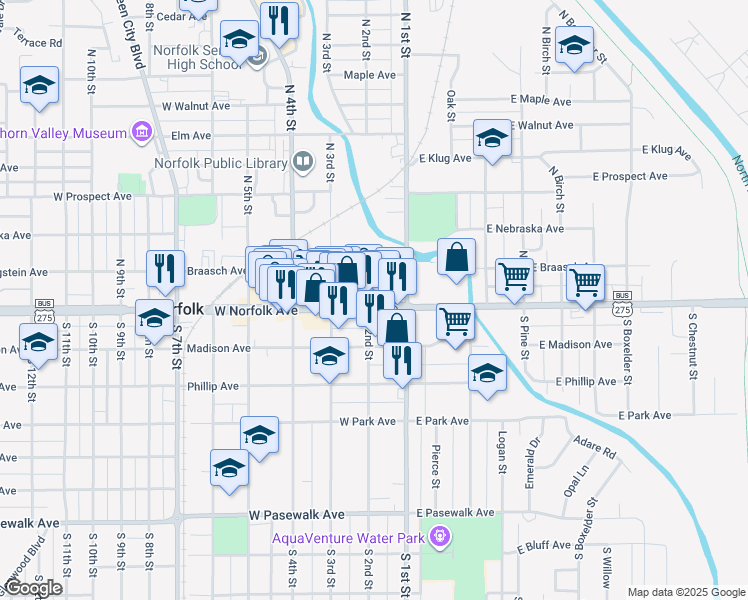 map of restaurants, bars, coffee shops, grocery stores, and more near 124 West Norfolk Avenue in Norfolk