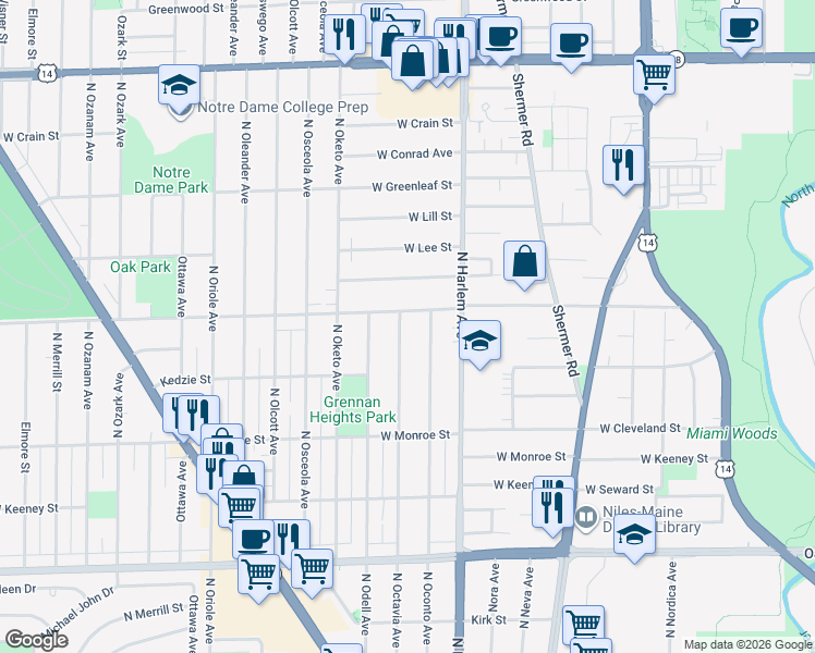 map of restaurants, bars, coffee shops, grocery stores, and more near 8353 North Octavia Avenue in Niles