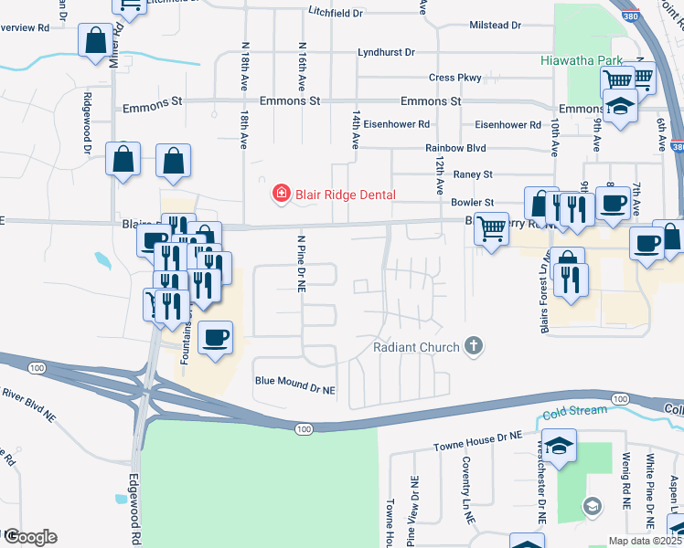 map of restaurants, bars, coffee shops, grocery stores, and more near 3601 Yellow Pine Drive Northeast in Cedar Rapids