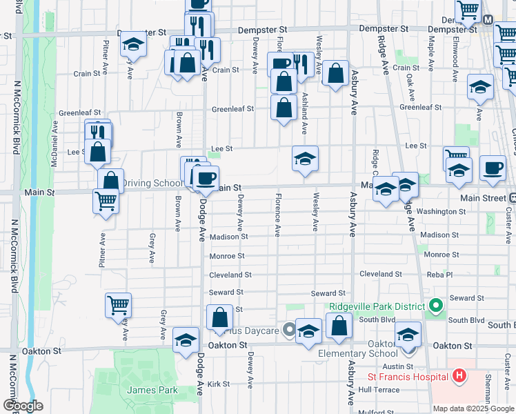 map of restaurants, bars, coffee shops, grocery stores, and more near 1625 Washington Street in Evanston
