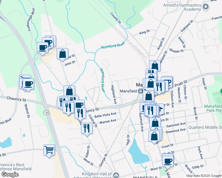 map of restaurants, bars, coffee shops, grocery stores, and more near 46 Highland Avenue in Mansfield