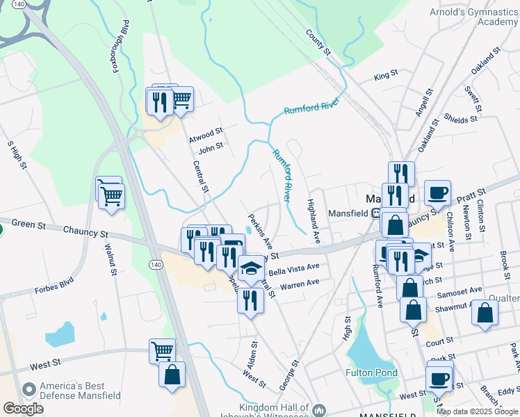 map of restaurants, bars, coffee shops, grocery stores, and more near 21 Webster Street in Mansfield