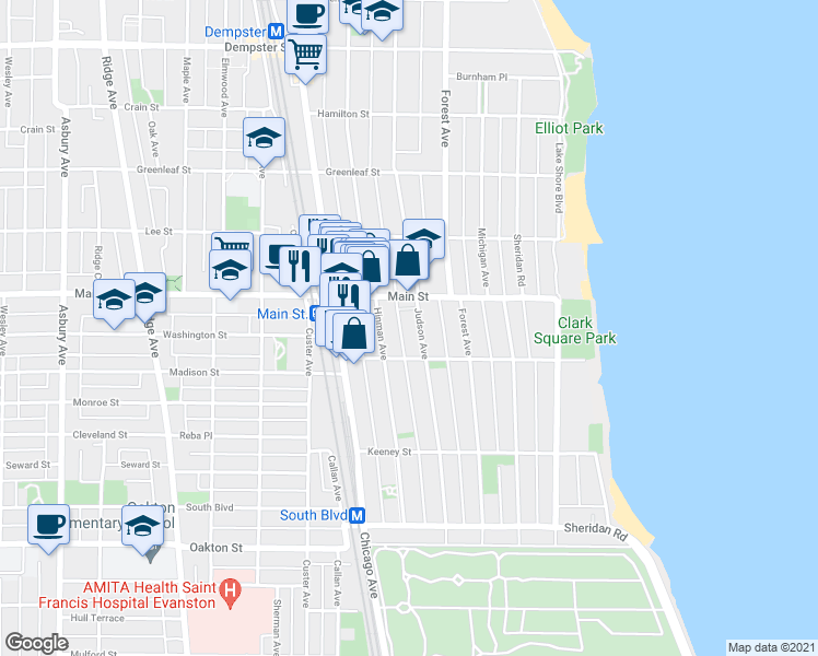 map of restaurants, bars, coffee shops, grocery stores, and more near 834 Judson Avenue in Evanston