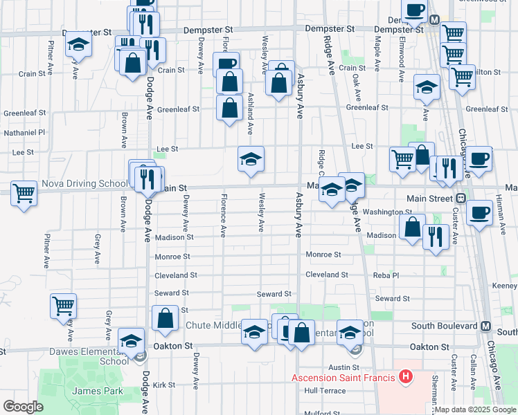 map of restaurants, bars, coffee shops, grocery stores, and more near 1429 Washington Street in Evanston