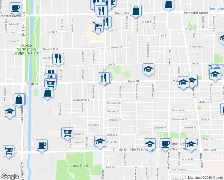 map of restaurants, bars, coffee shops, grocery stores, and more near 1729 Washington Street in Evanston