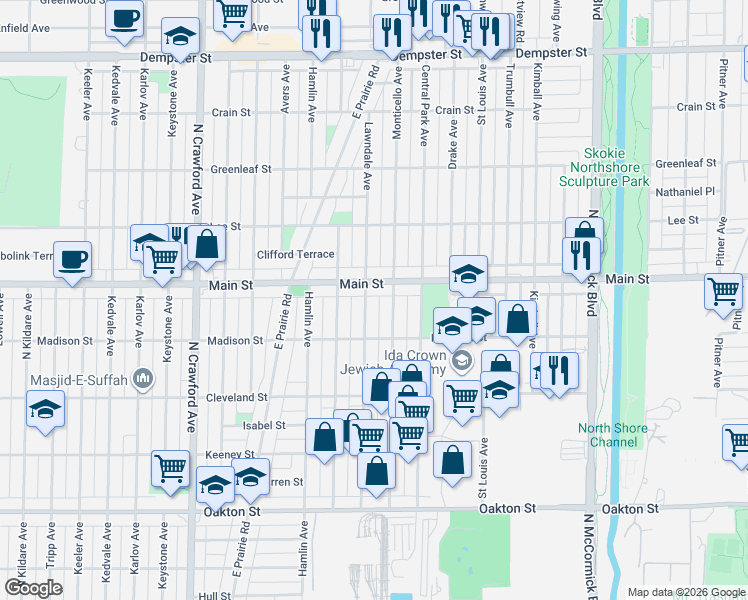 map of restaurants, bars, coffee shops, grocery stores, and more near 8338 Monticello Avenue in Skokie