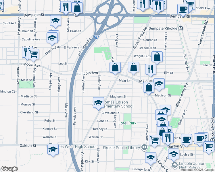 map of restaurants, bars, coffee shops, grocery stores, and more near 5428 Washington Street in Morton Grove