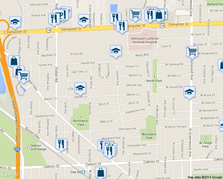 map of restaurants, bars, coffee shops, grocery stores, and more near 2037 De Cook Avenue in Park Ridge
