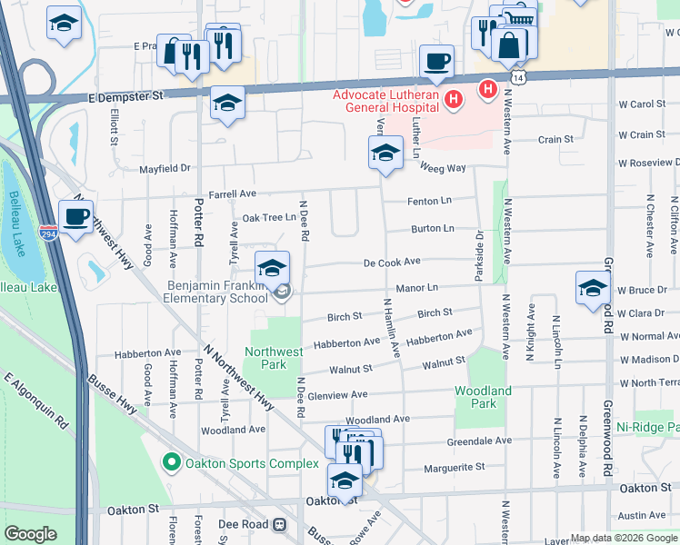 map of restaurants, bars, coffee shops, grocery stores, and more near 2119 De Cook Avenue in Park Ridge