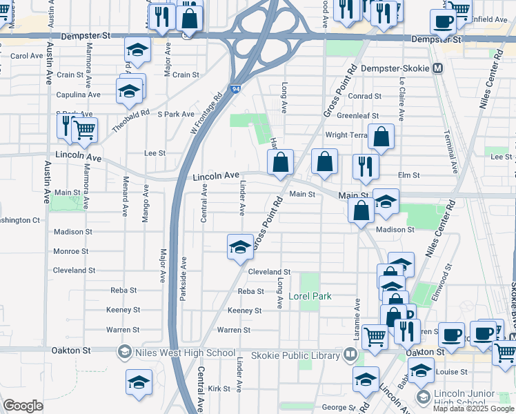 map of restaurants, bars, coffee shops, grocery stores, and more near 5428 Washington Street in Morton Grove