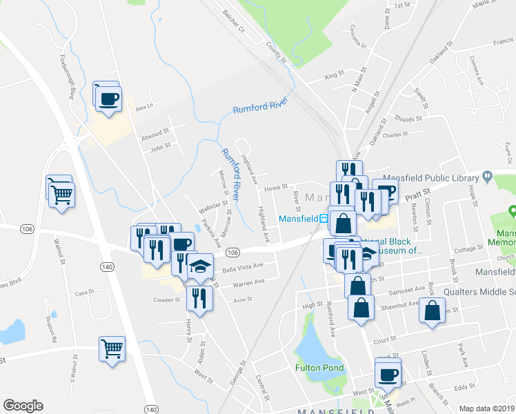 map of restaurants, bars, coffee shops, grocery stores, and more near 46 Highland Avenue in Mansfield