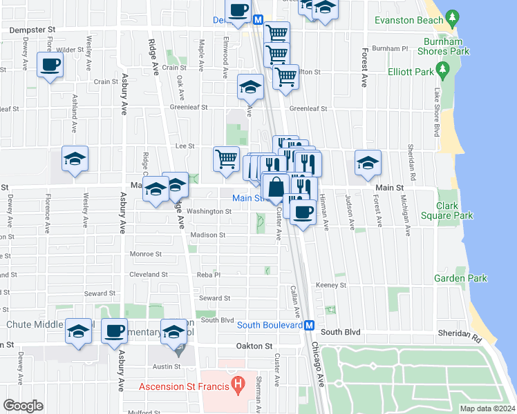 map of restaurants, bars, coffee shops, grocery stores, and more near 725 Washington Street in Evanston