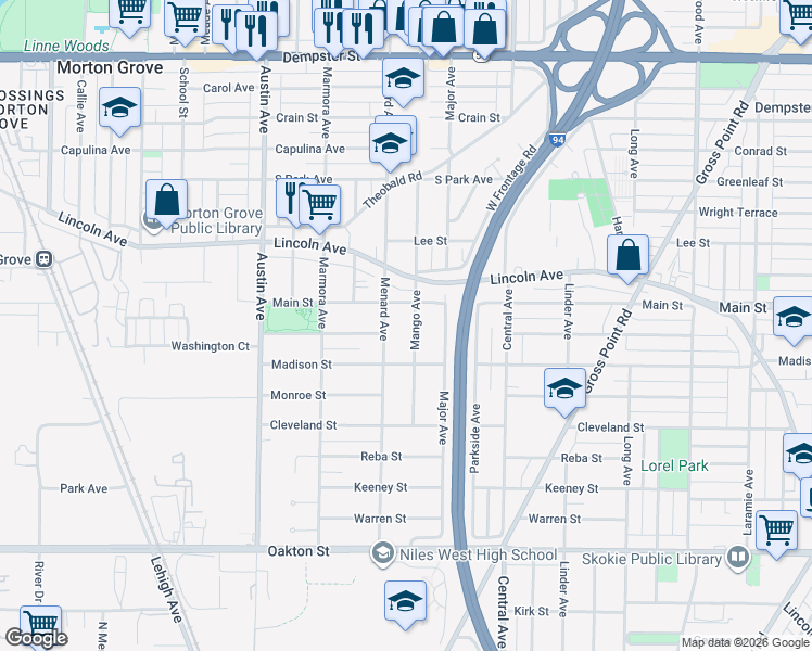 map of restaurants, bars, coffee shops, grocery stores, and more near 8332 Mango Avenue in Morton Grove