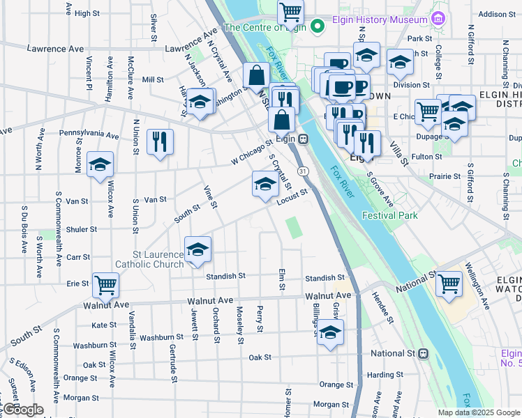 map of restaurants, bars, coffee shops, grocery stores, and more near in Elgin