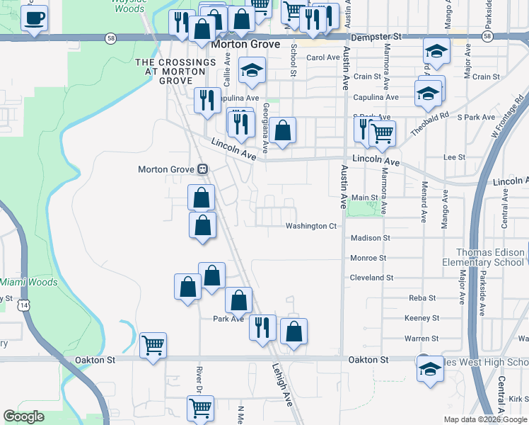 map of restaurants, bars, coffee shops, grocery stores, and more near 6167 Mayfair Avenue in Morton Grove