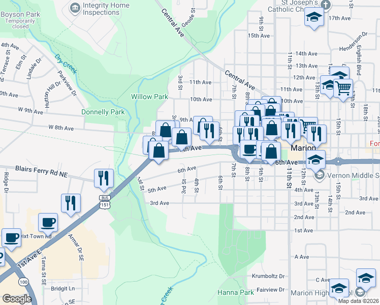 map of restaurants, bars, coffee shops, grocery stores, and more near 371 7th Avenue in Marion