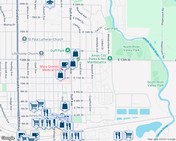 map of restaurants, bars, coffee shops, grocery stores, and more near 1130 Stafford Ave in Ames