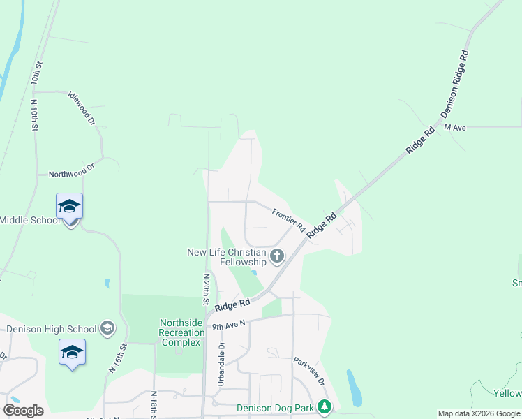 map of restaurants, bars, coffee shops, grocery stores, and more near 2213 Frontier Road in Denison
