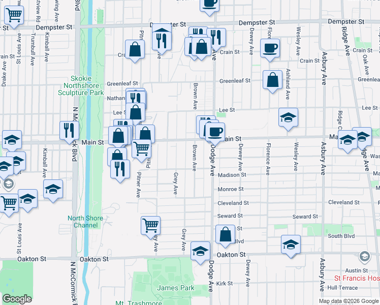 map of restaurants, bars, coffee shops, grocery stores, and more near 826 Brown Avenue in Evanston