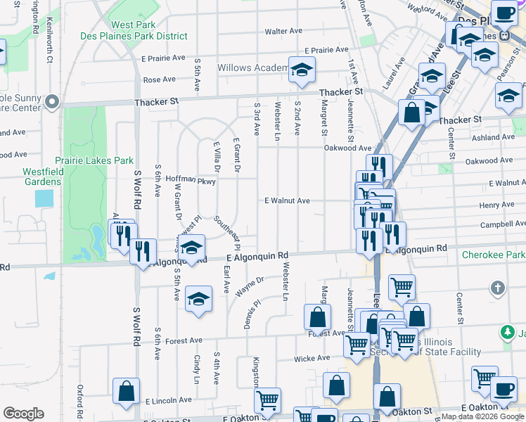 map of restaurants, bars, coffee shops, grocery stores, and more near 1093 South 3rd Avenue in Des Plaines