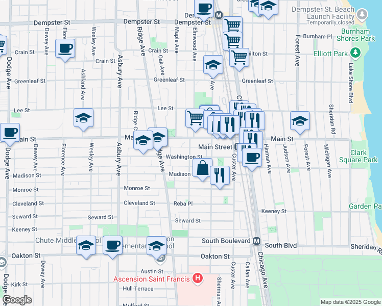 map of restaurants, bars, coffee shops, grocery stores, and more near 821 Elmwood Avenue in Evanston